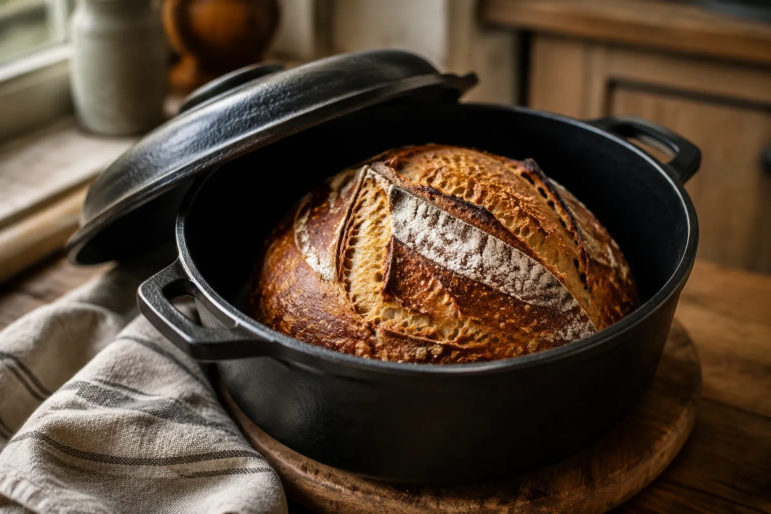 Finished crusty Dutch oven bread loaf inside cast iron pot