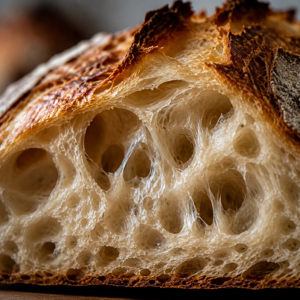 Close-up of open crumb structure inside homemade Dutch oven bread