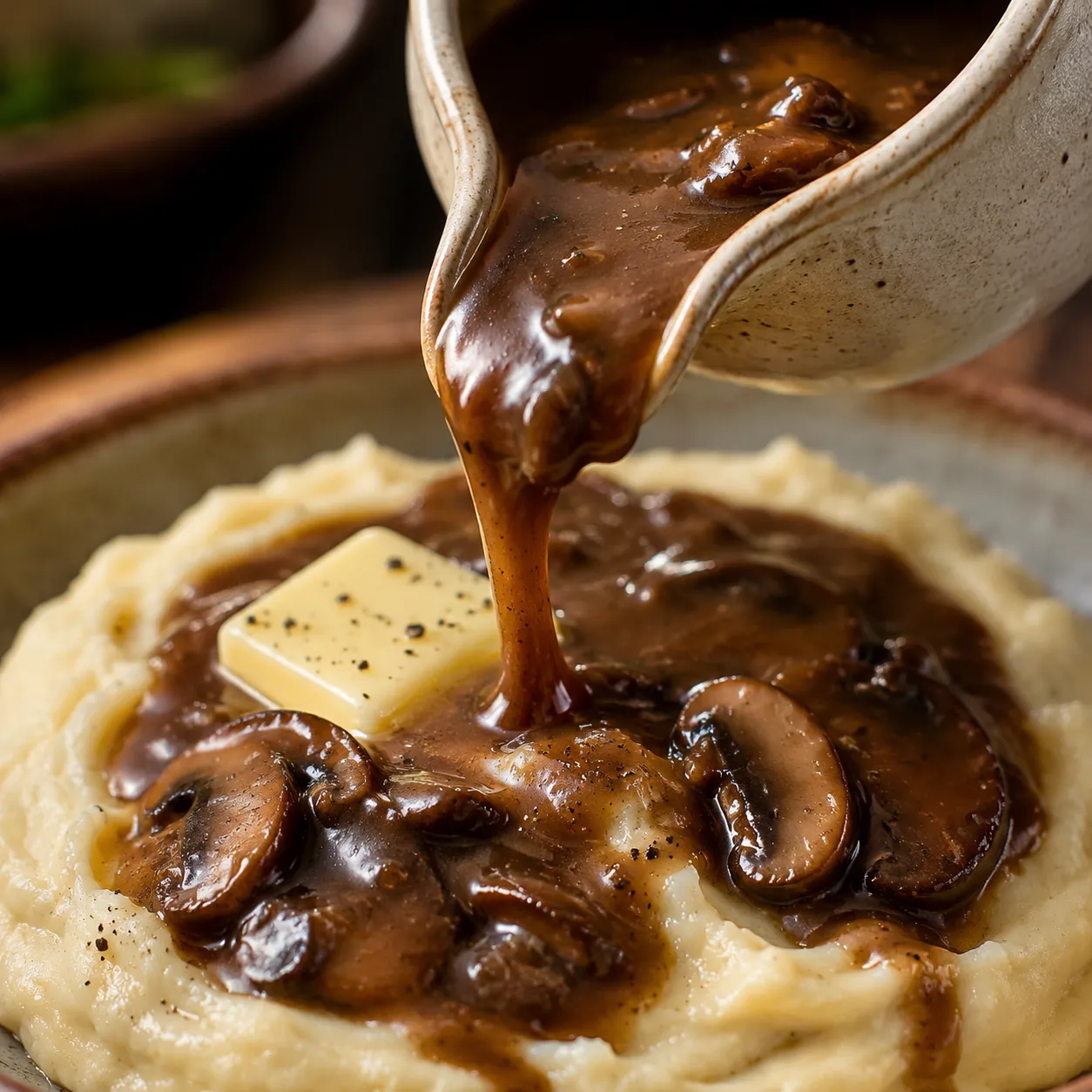 Vegan mushroom gravy poured over mashed potatoes for Thanksgiving