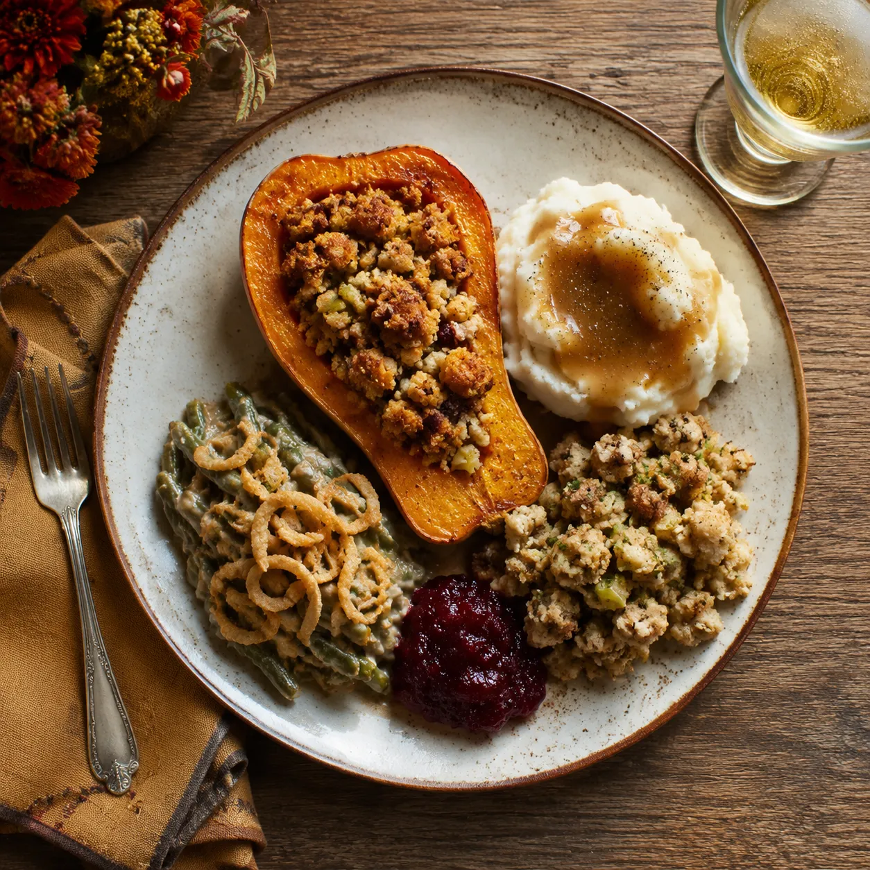 Vegetarian Thanksgiving dinner plate with all the classic plant-based dishes