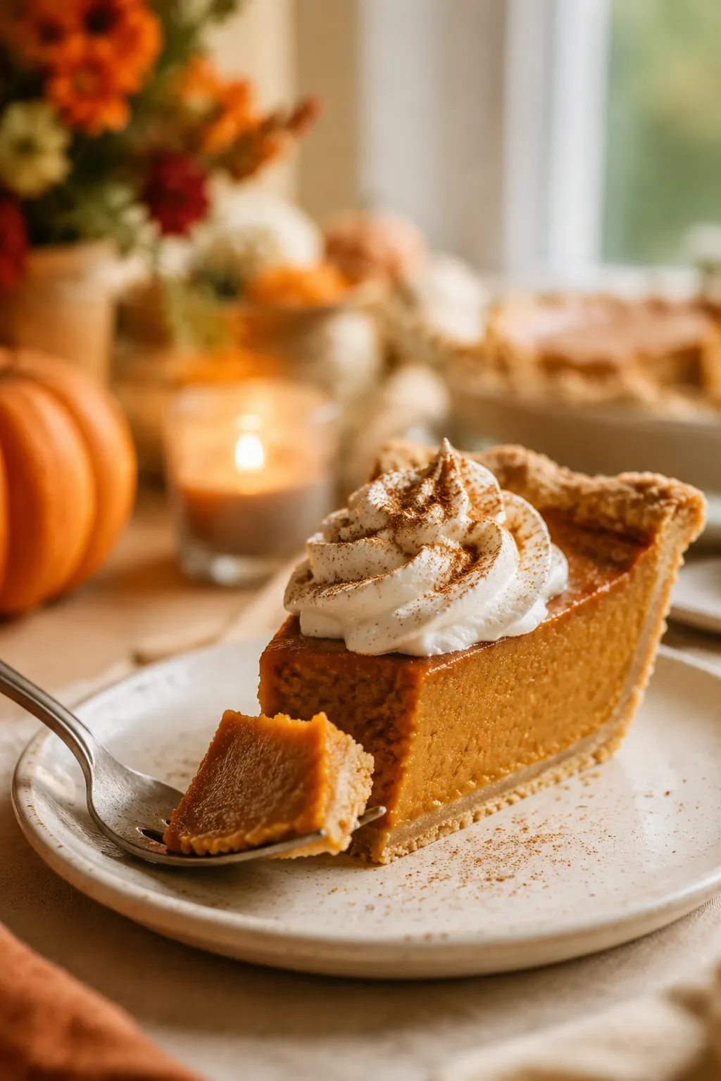 Slice of vegan pumpkin pie for a plant-based Thanksgiving dessert