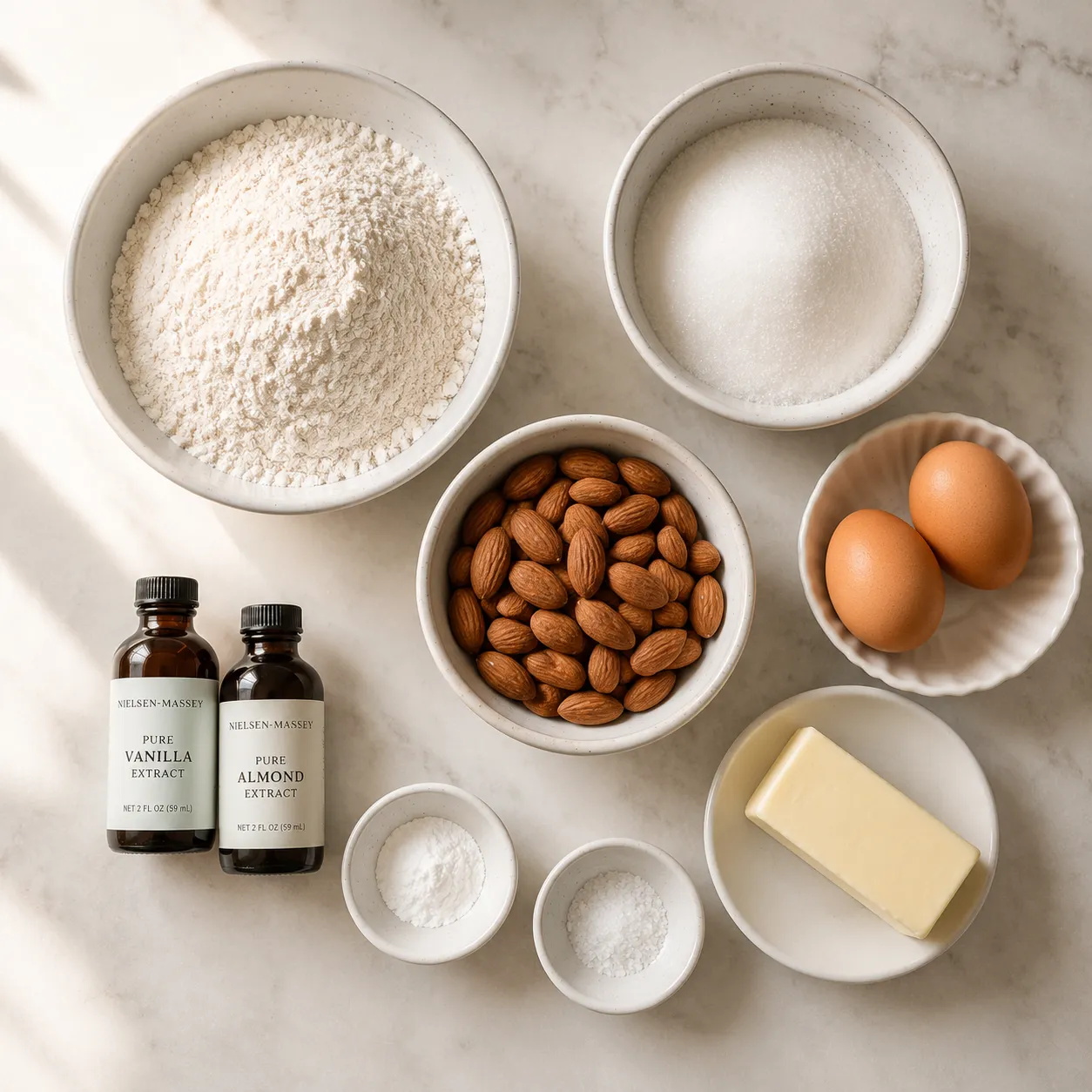 Biscotti recipe ingredients flatlay with flour, sugar, eggs, almonds, and vanilla