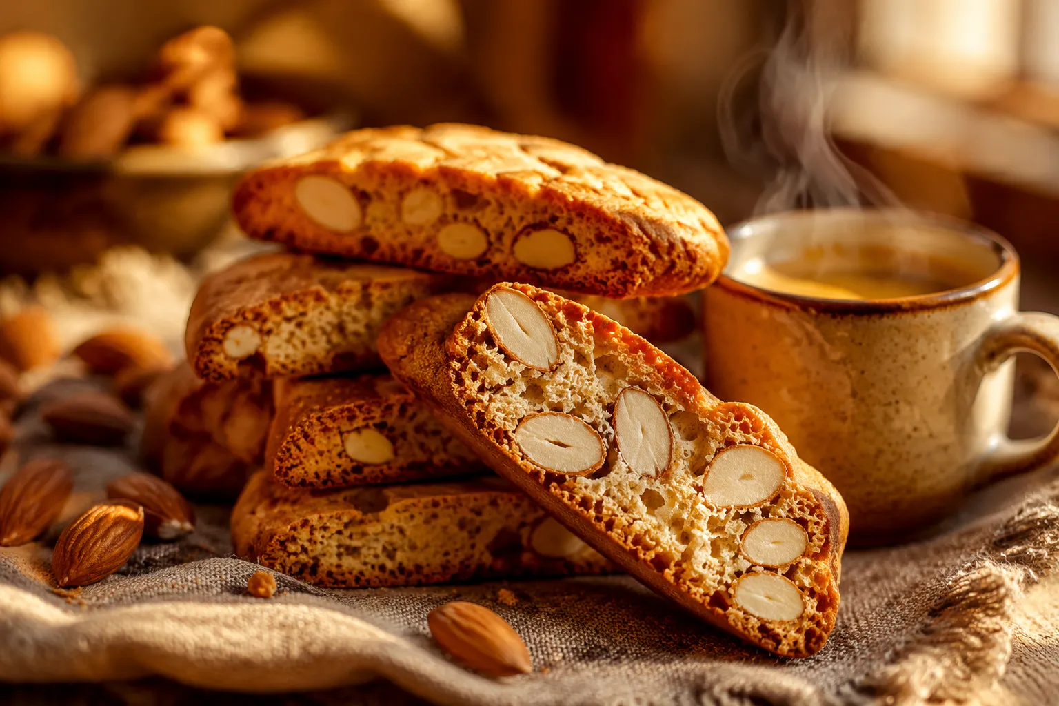 Biscotti recipe featured image: golden Italian almond biscotti stacked beside a steaming espresso cup