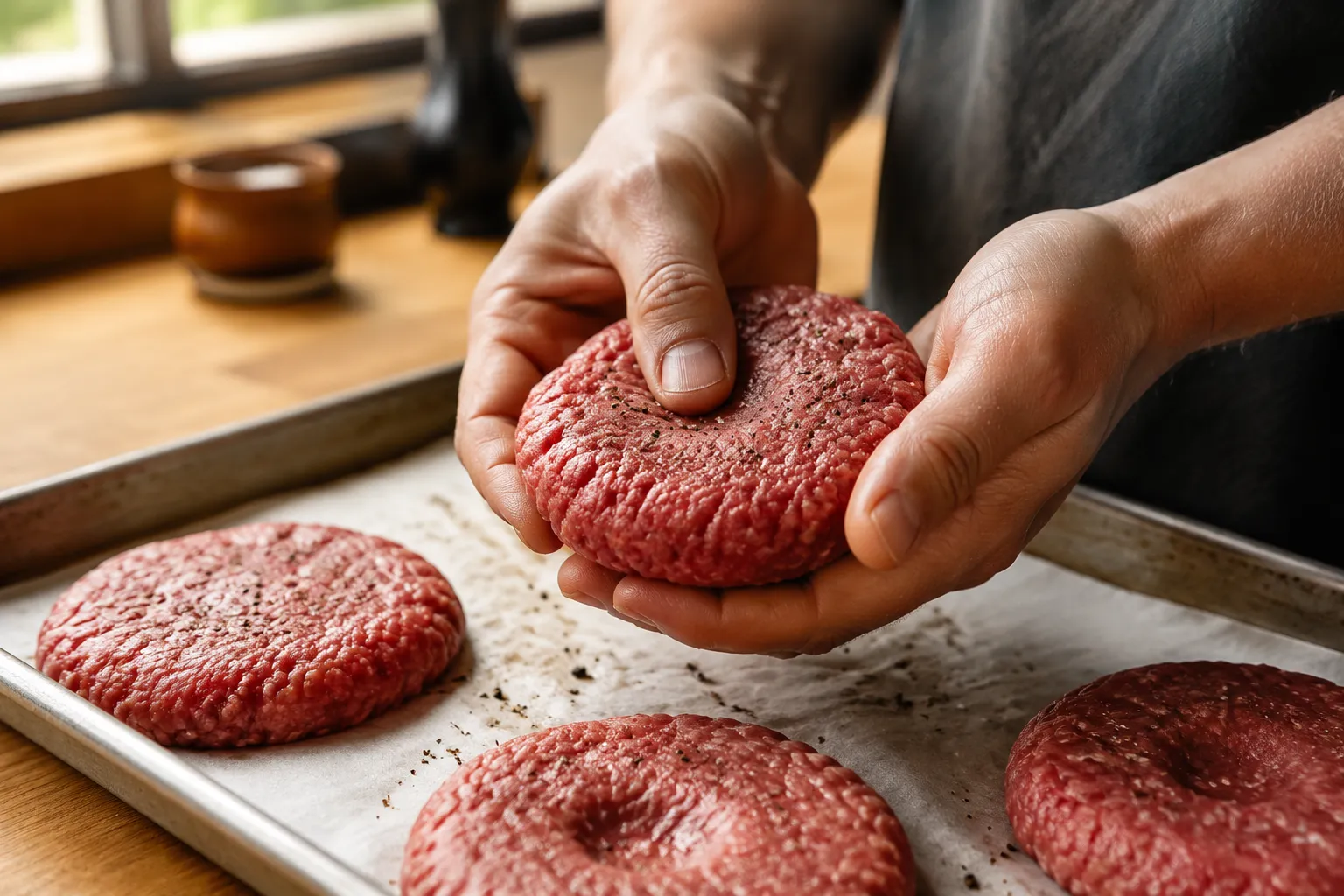 Hands shaping ground beef patties with a center dimple before grilling