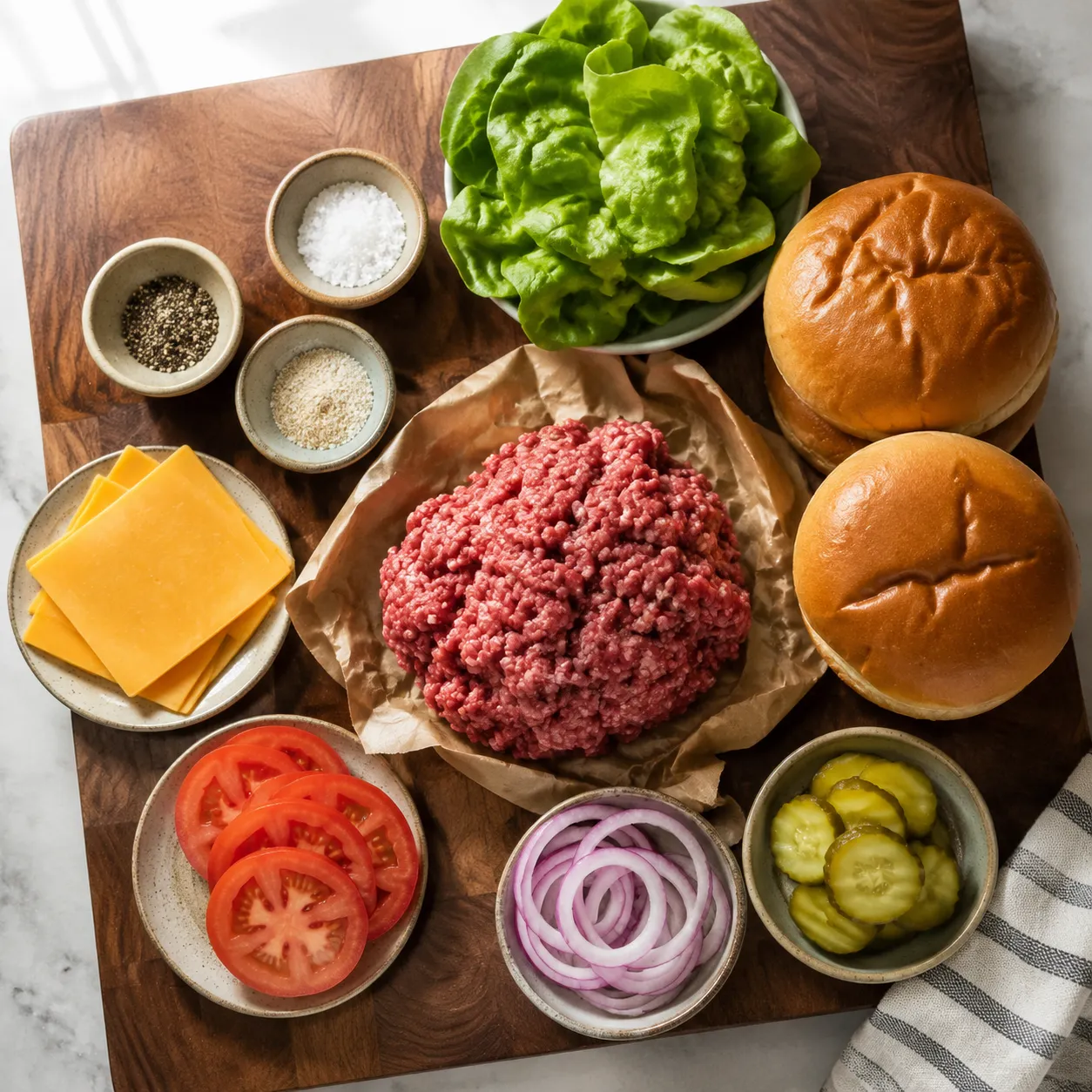 Ingredients flatlay for grilled burgers including ground beef, cheese, buns, and toppings