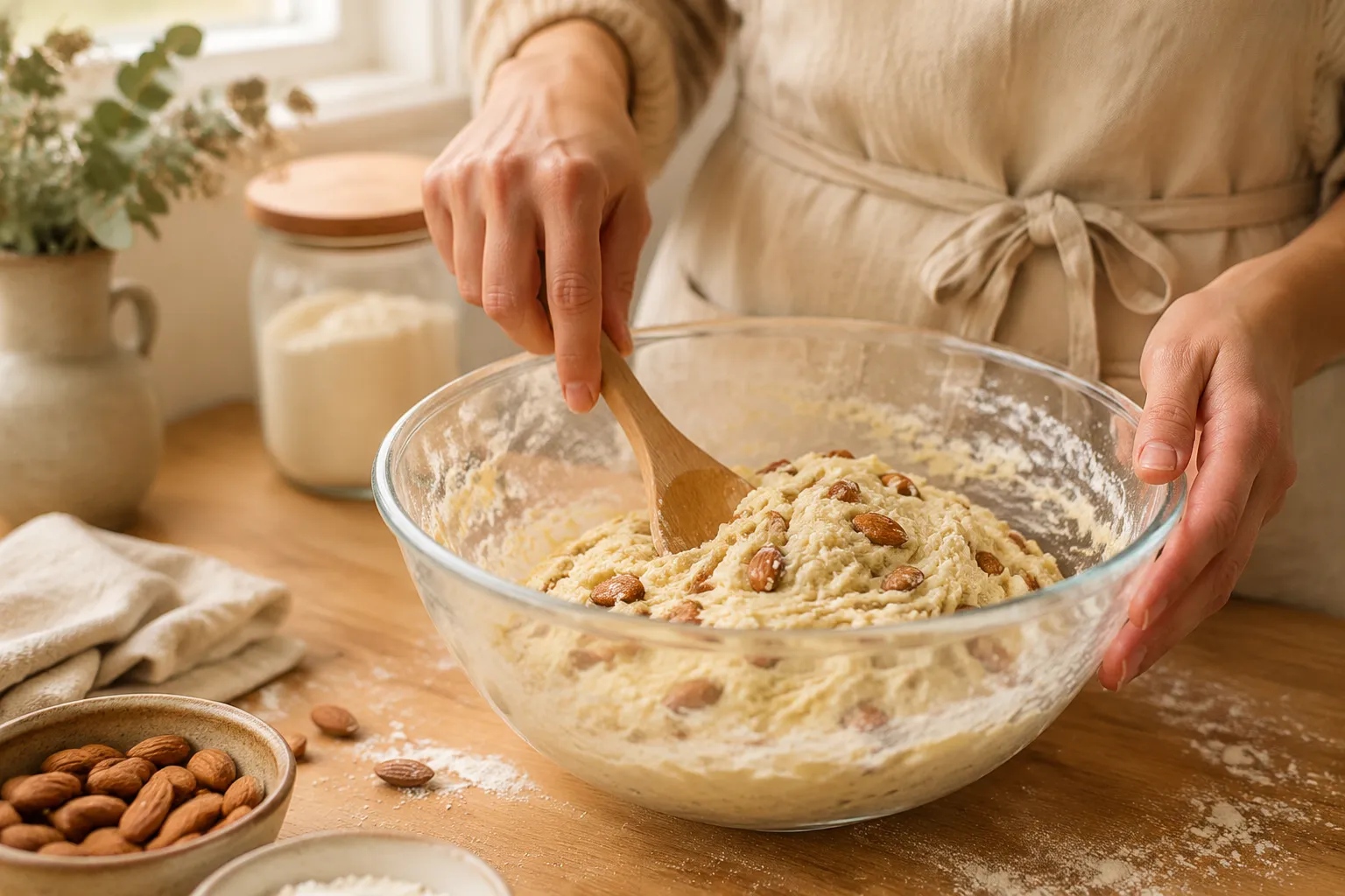Mixing almond biscotti dough by hand in a glass bowl