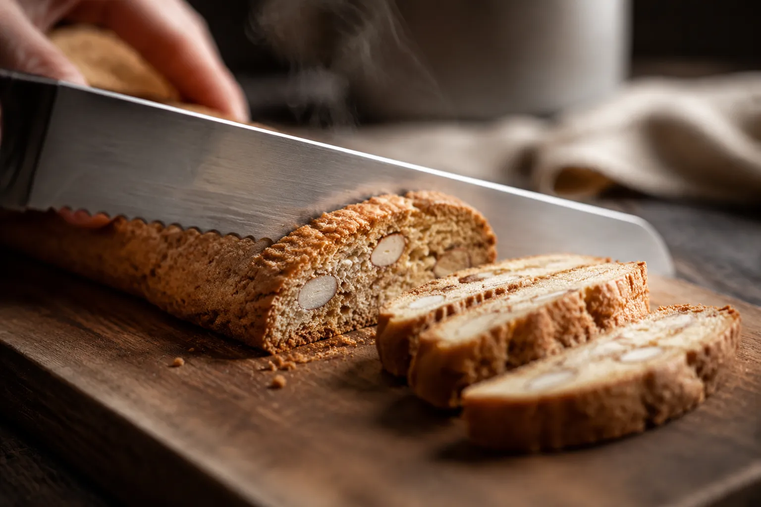 Slicing baked biscotti log diagonally with a serrated knife