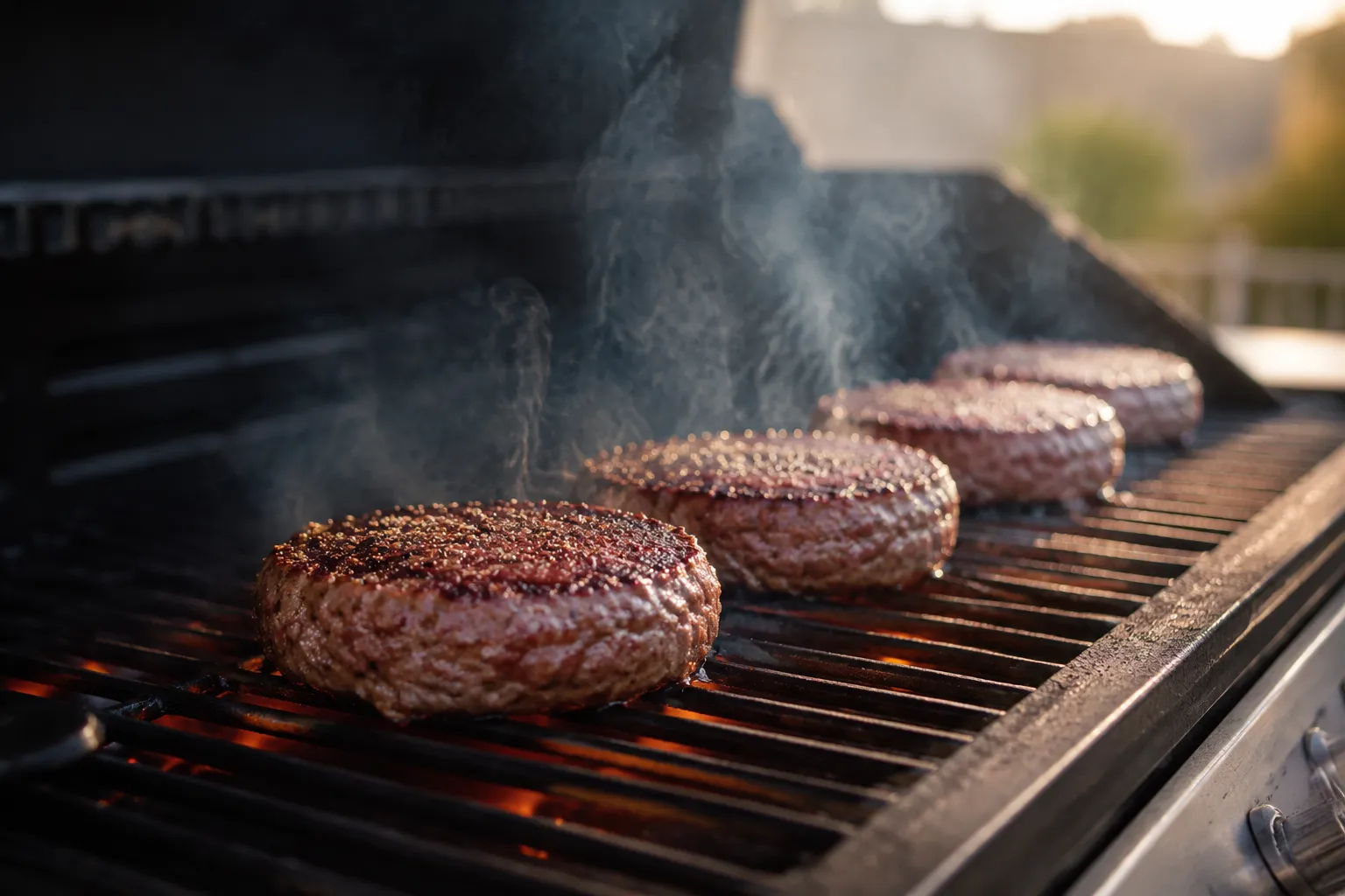 How long to grill burgers on gas grill: raw patties searing on hot grates