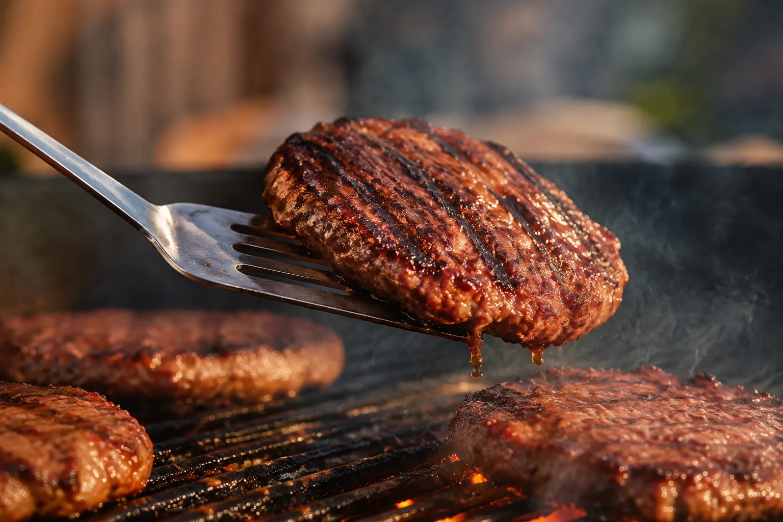 Flipping a grilled burger showing perfect sear and grill marks