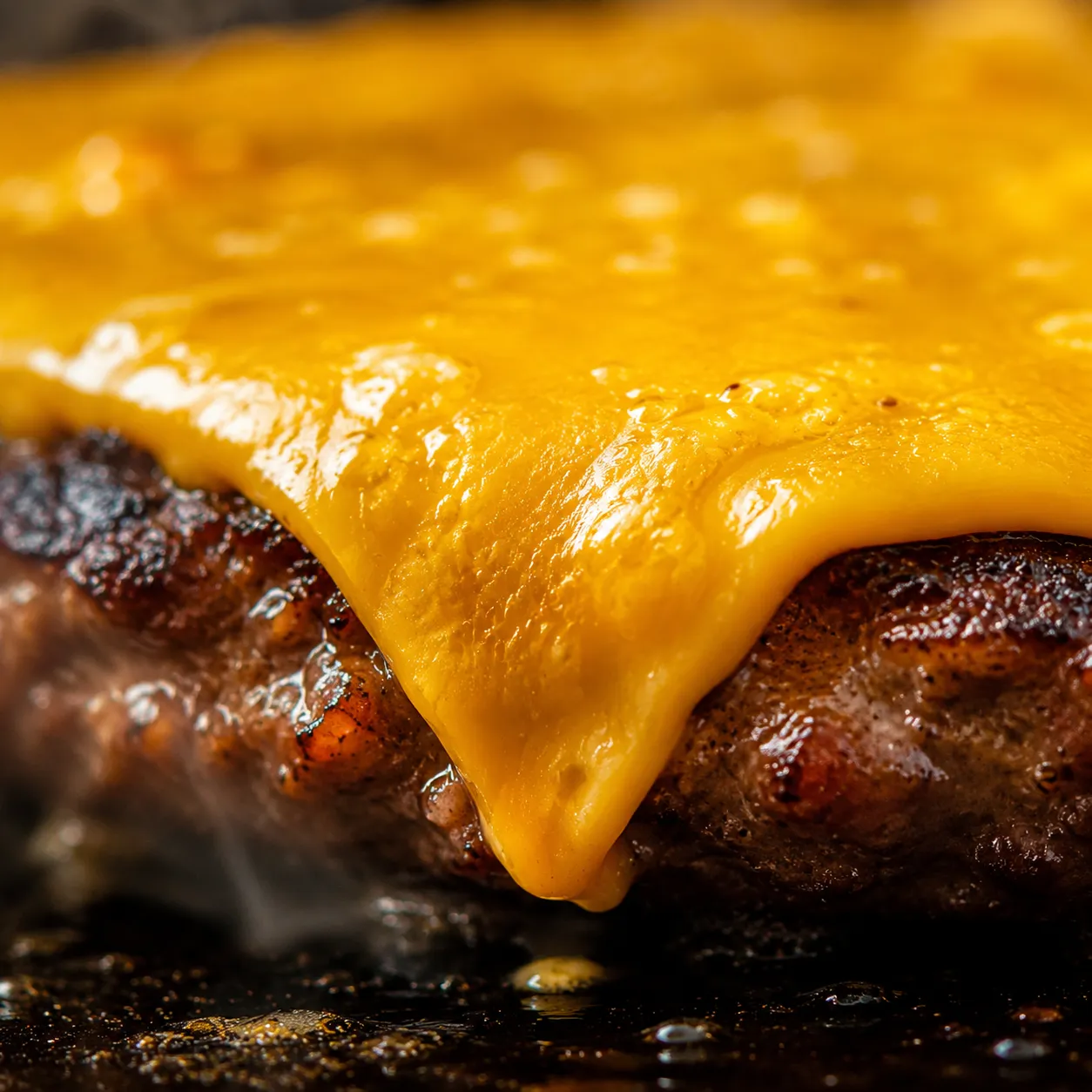 American cheese melting over a grilled burger patty close-up
