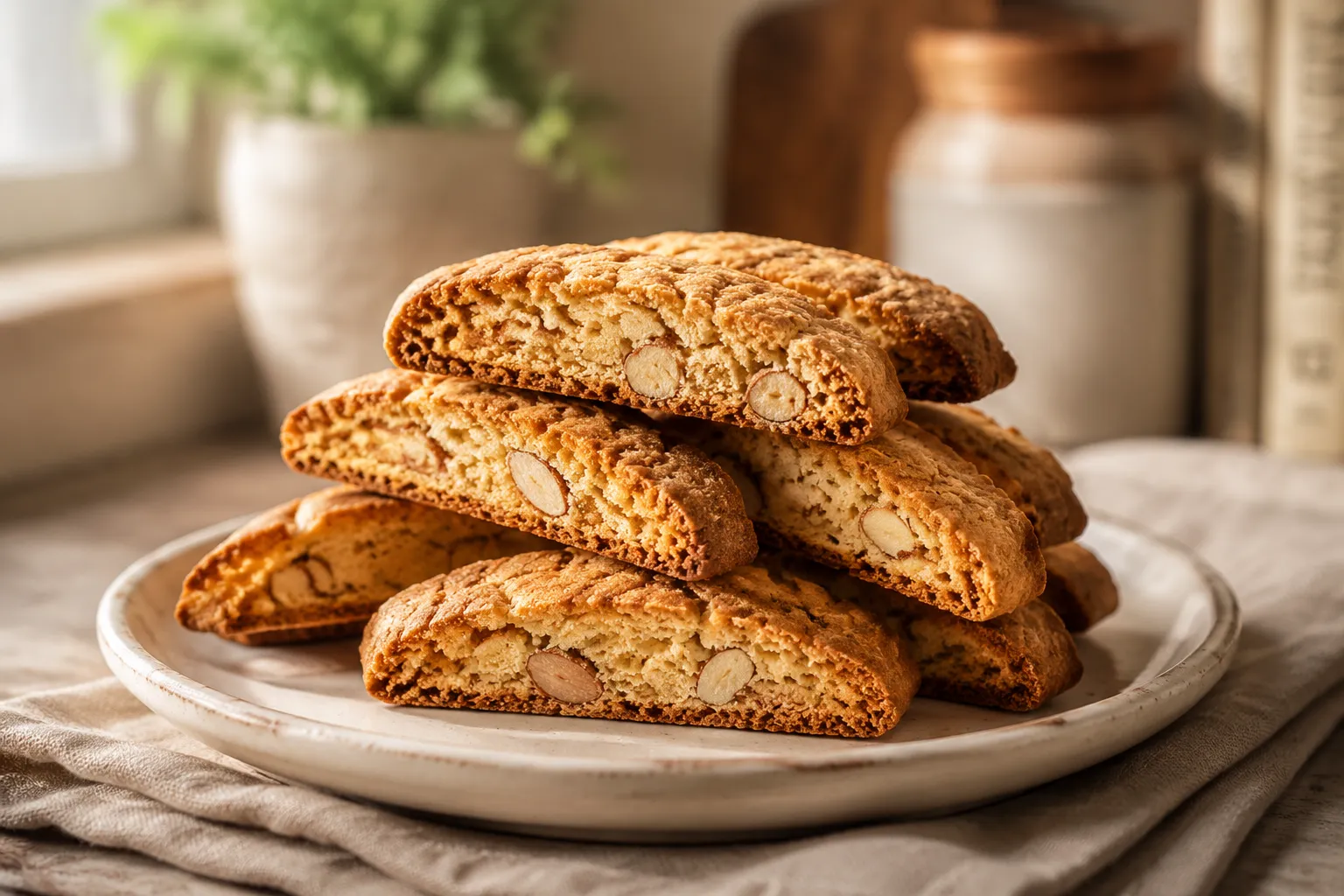 Finished homemade biscotti stacked on a ceramic plate