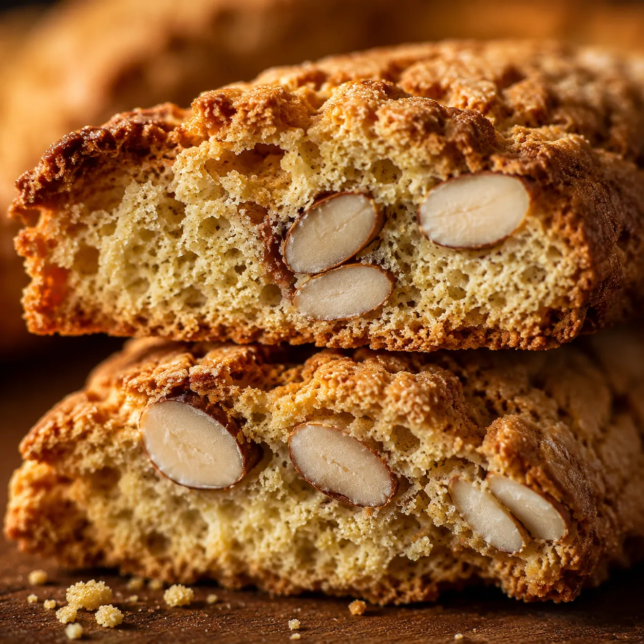 Macro close-up of biscotti cookie texture with whole roasted almonds