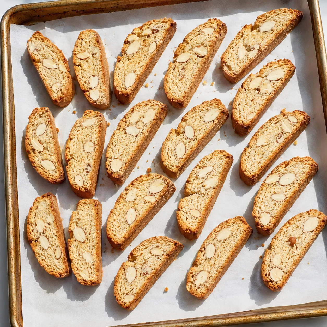Sliced biscotti arranged on a sheet pan for the second bake