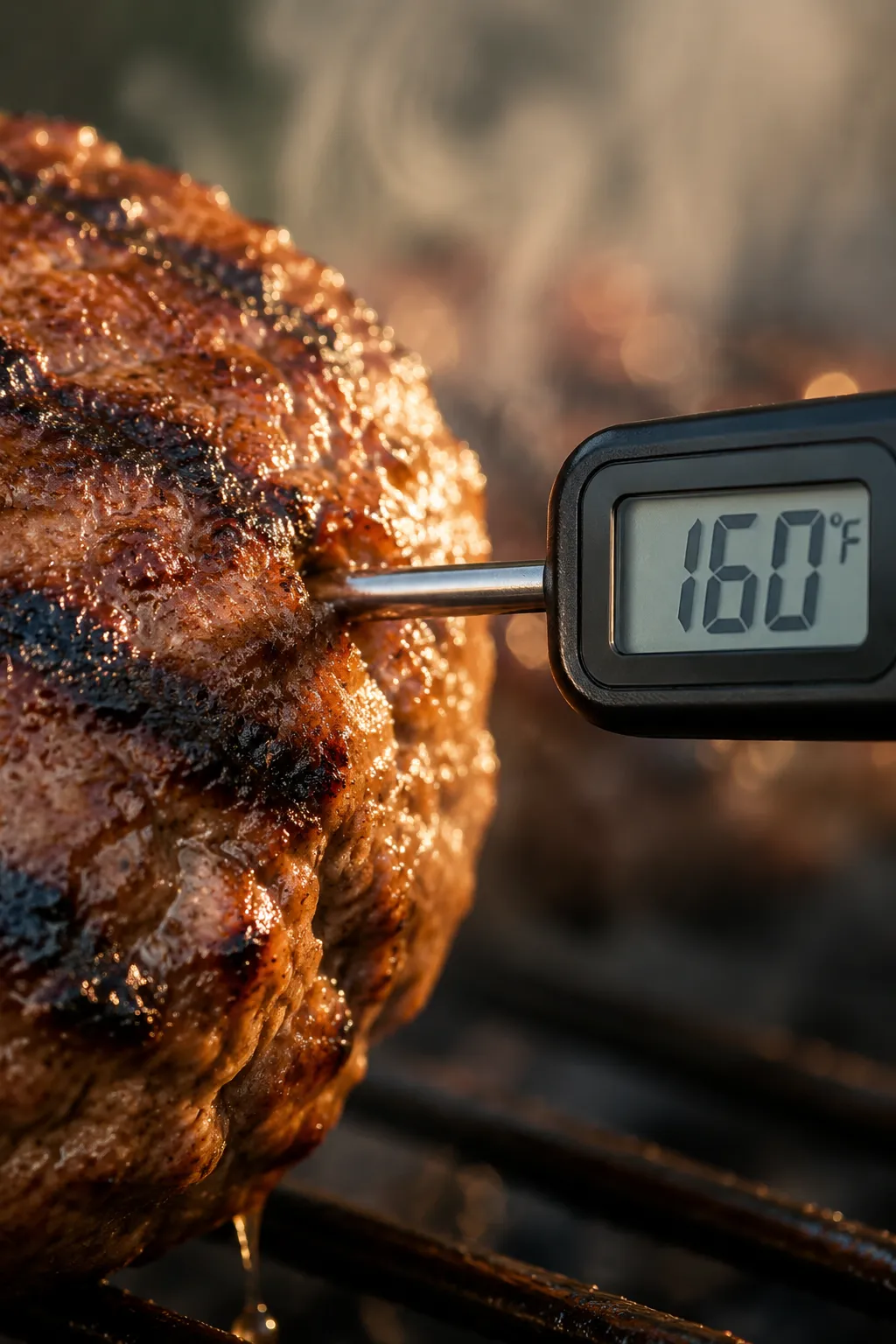 Instant-read thermometer checking internal temperature of grilled burger