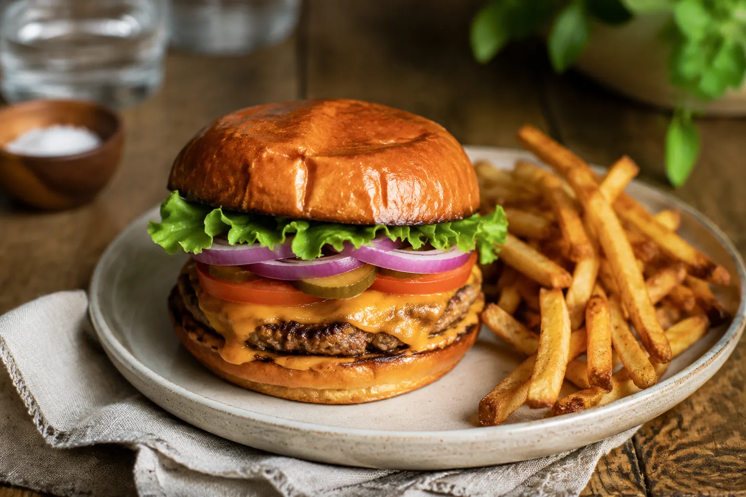 Finished grilled cheeseburger plated with fries on a ceramic dish