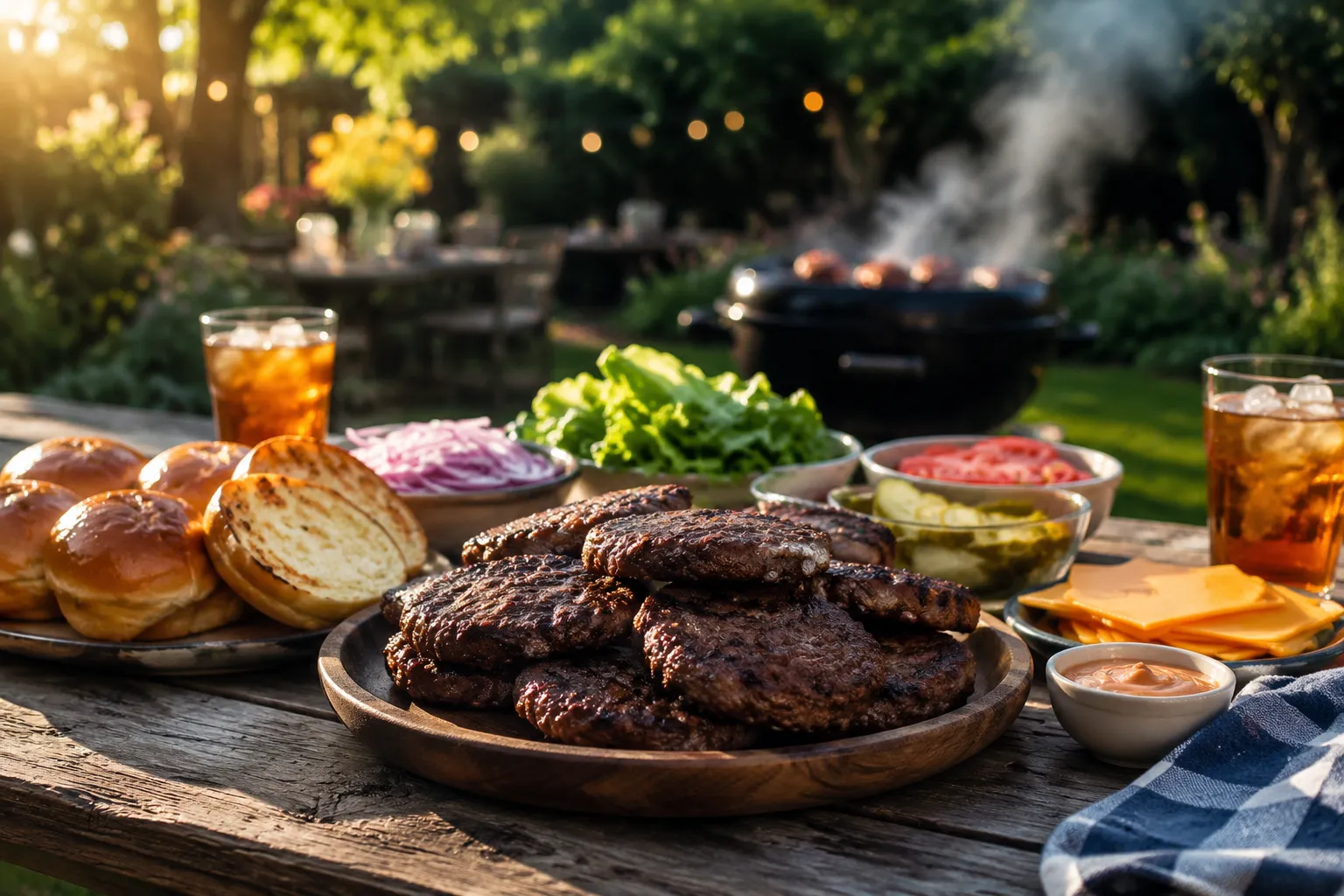 Backyard cookout spread with grilled burgers and toppings ready to serve