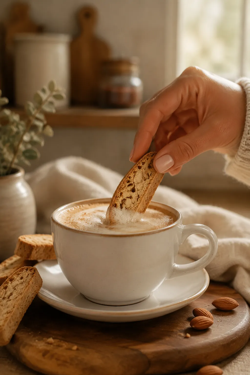 Dunking biscotti into a cappuccino, classic Italian coffee pairing