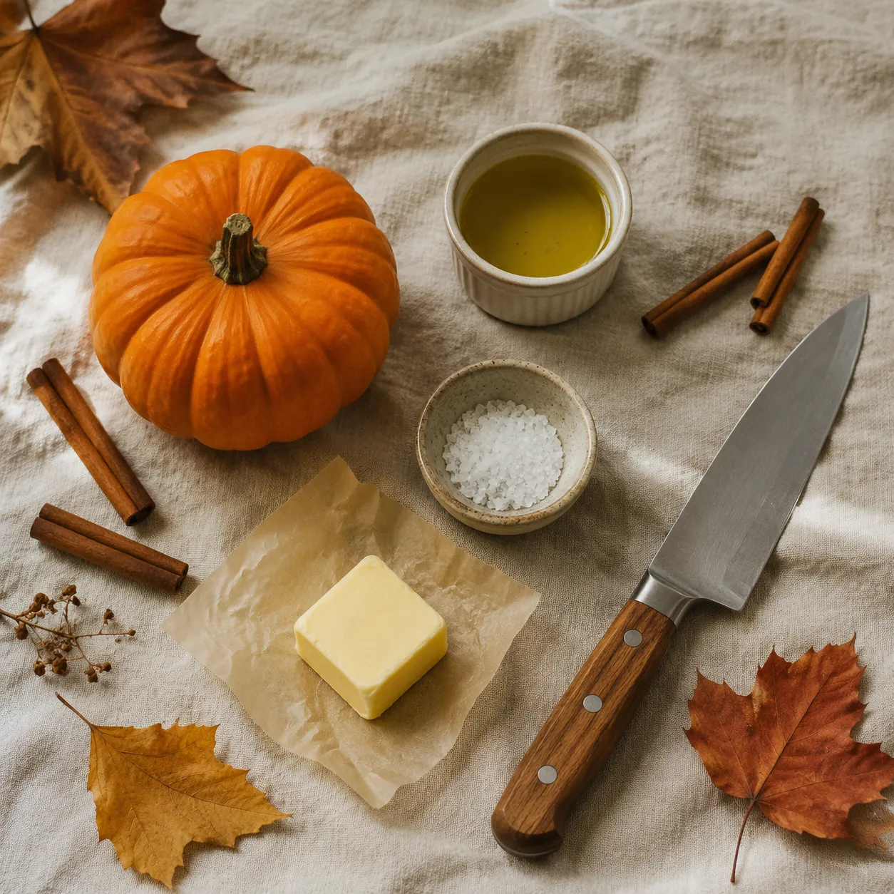 Ingredients to cook pumpkin from scratch — pie pumpkin, oil, salt, butter