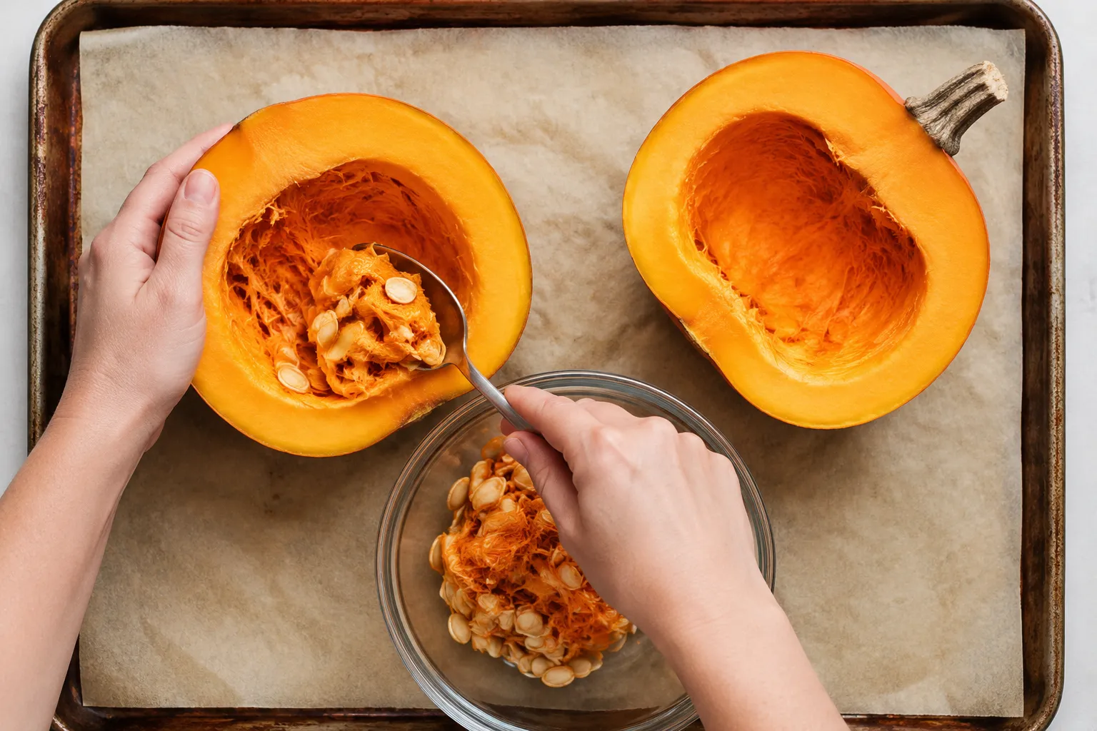 Scooping seeds from a pie pumpkin before roasting