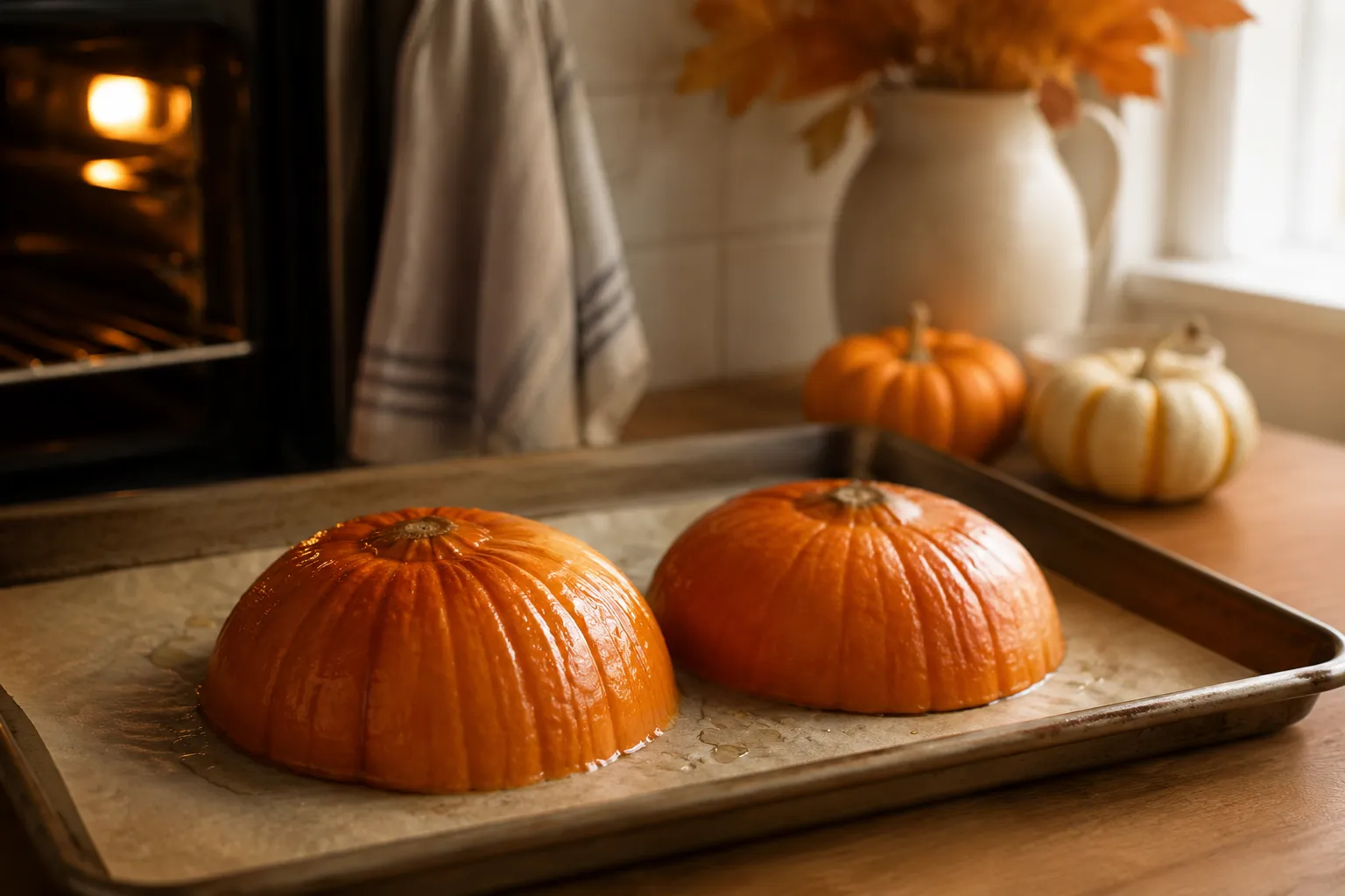 How to cook pumpkin in the oven — halves placed cut-side down on baking sheet