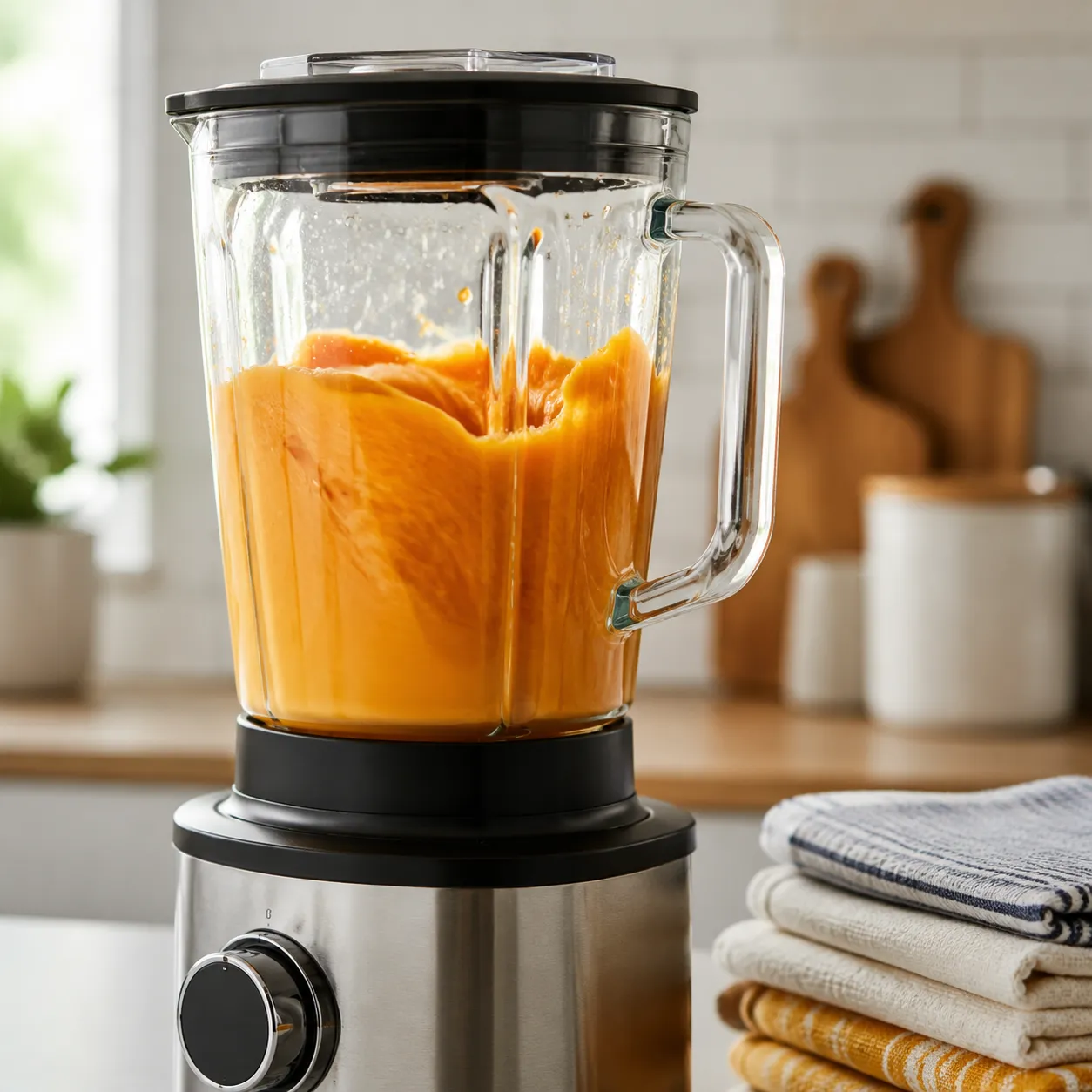 Blending cooked pumpkin into smooth pumpkin puree