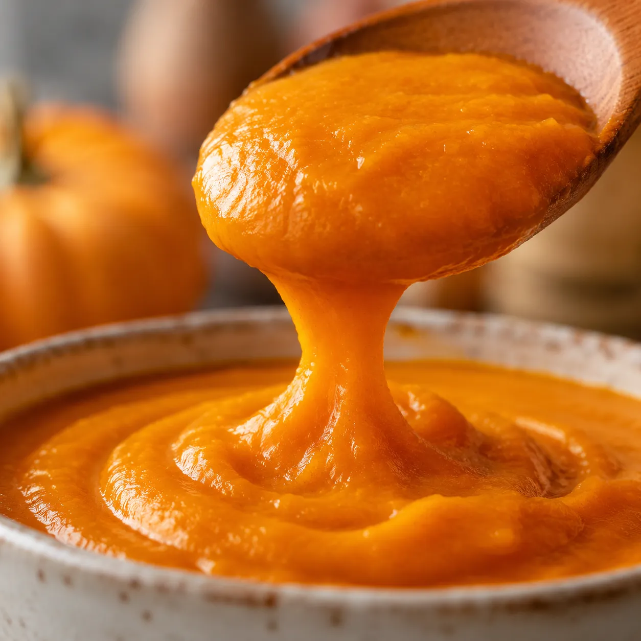 Smooth homemade pumpkin puree texture close-up