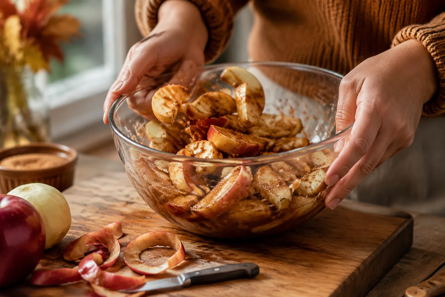 Tossing sliced apples with cinnamon and brown sugar for apple crumble with oats.