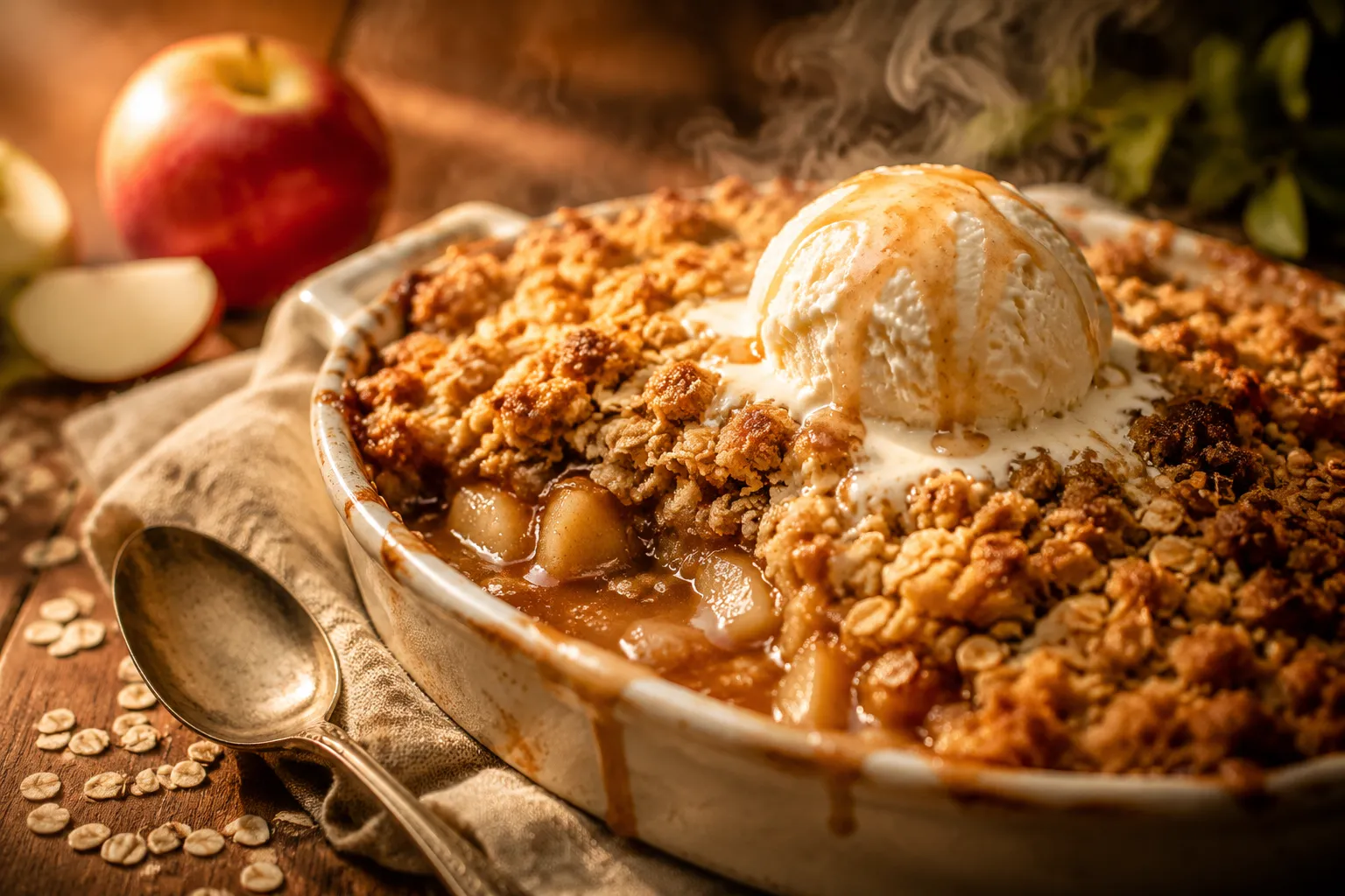 Recipe for apple crumble using oats in a white baking dish with melting vanilla ice cream and golden oat topping.