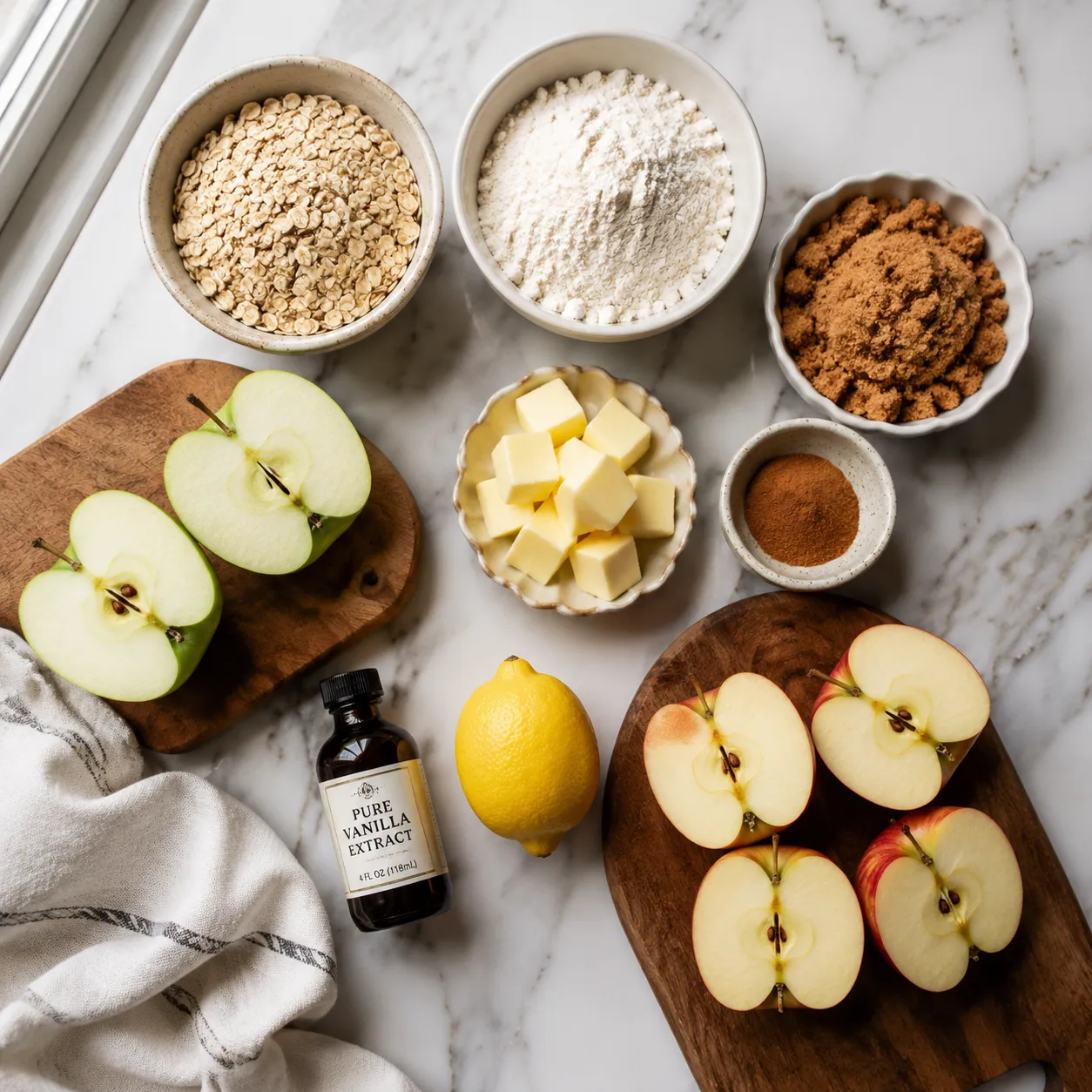 Ingredients flatlay for apple crumble recipe using oats including rolled oats brown sugar butter and apples.