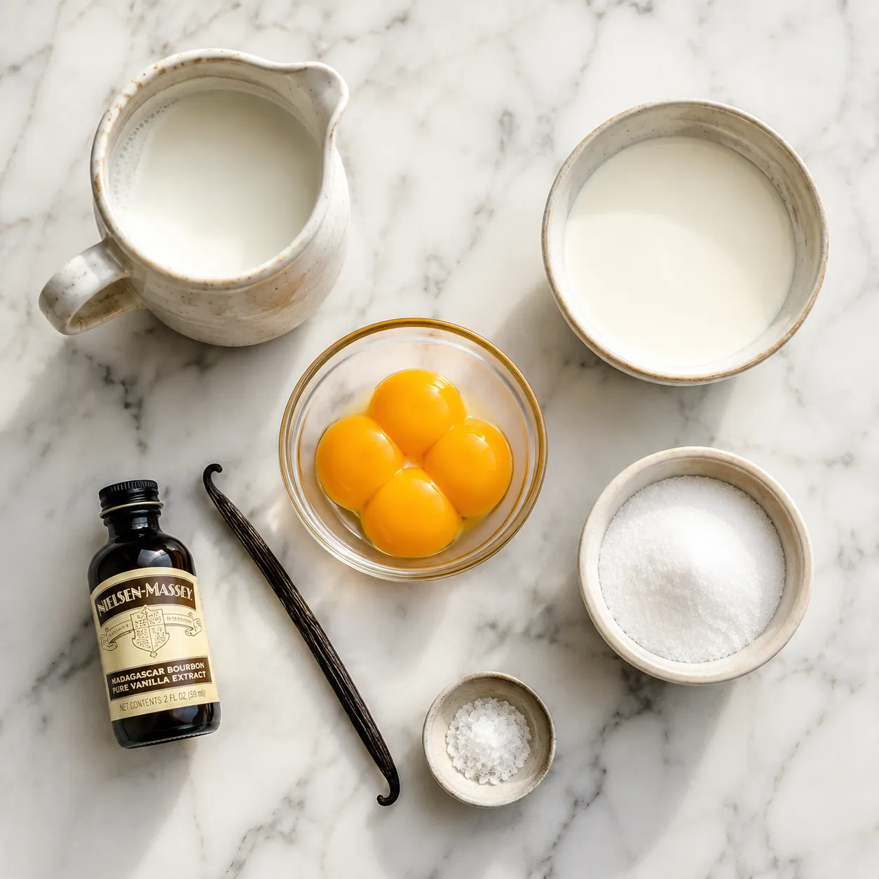 Ingredients for classic custard recipe including milk, cream, egg yolks, sugar, and vanilla