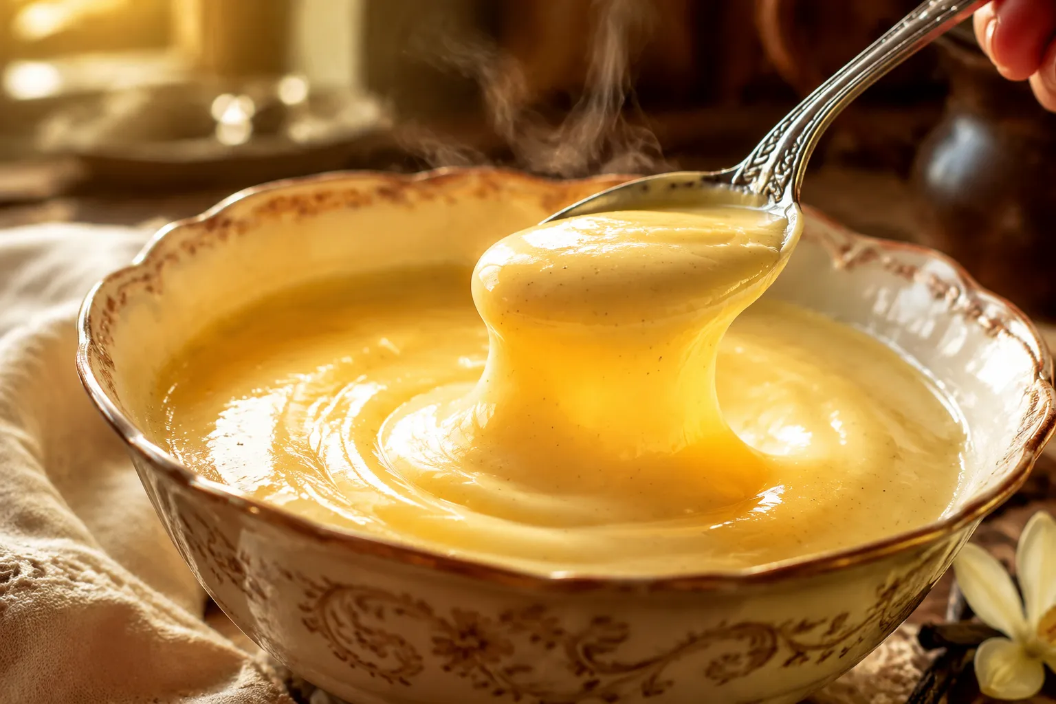 Custard recipe in a ceramic bowl with a spoon lifting silky vanilla custard