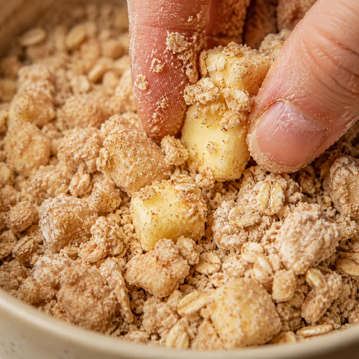 Hands making buttery oat crumble topping with brown sugar and rolled oats.