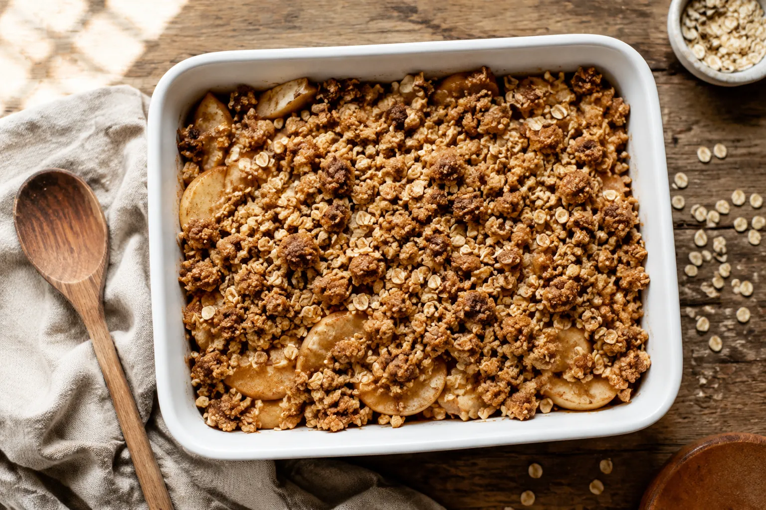 Unbaked apple crumble with oat topping ready to bake in white casserole dish.