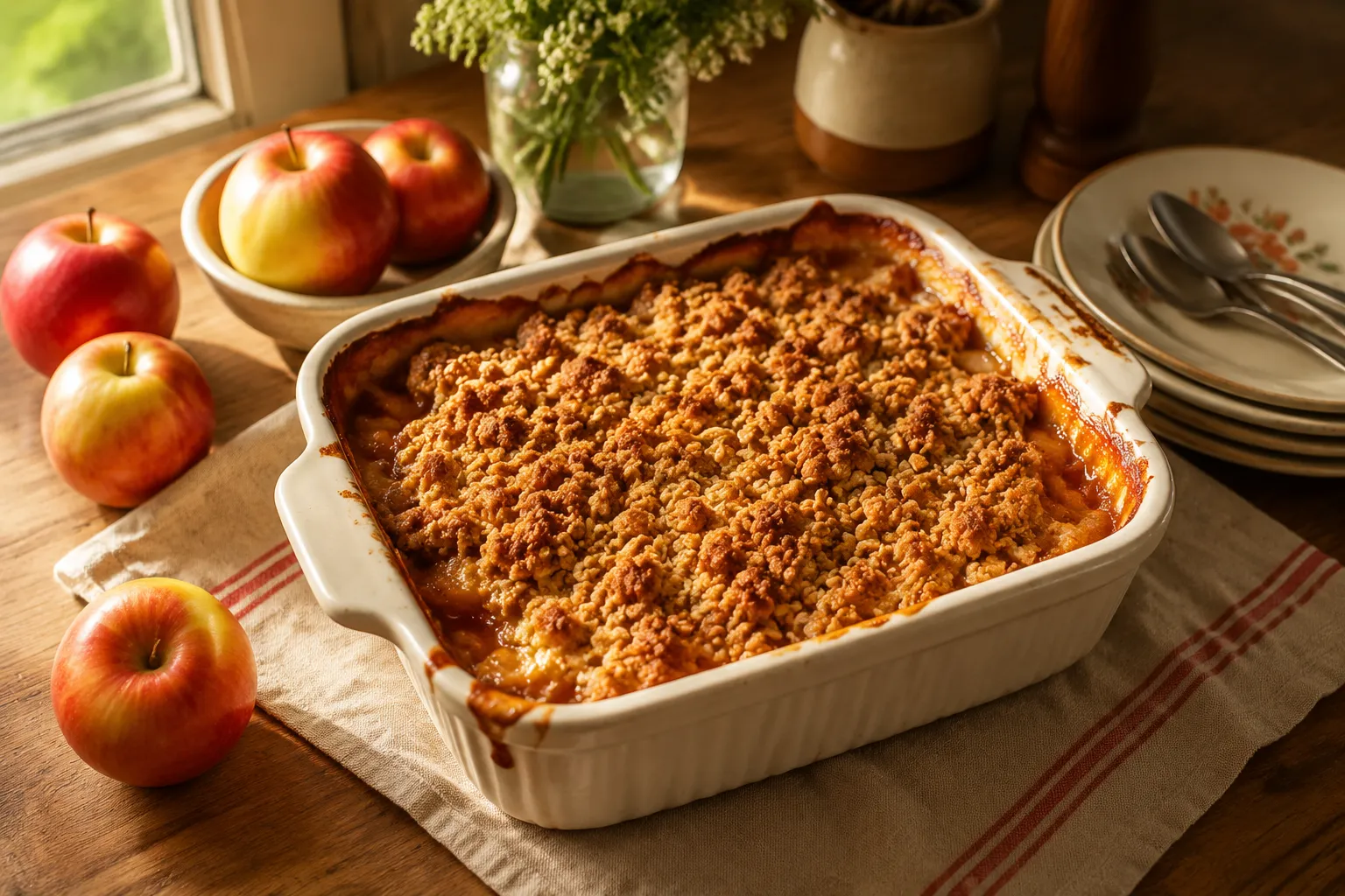 Baked apple crumble recipe using oats with golden brown topping and bubbling cinnamon apples.
