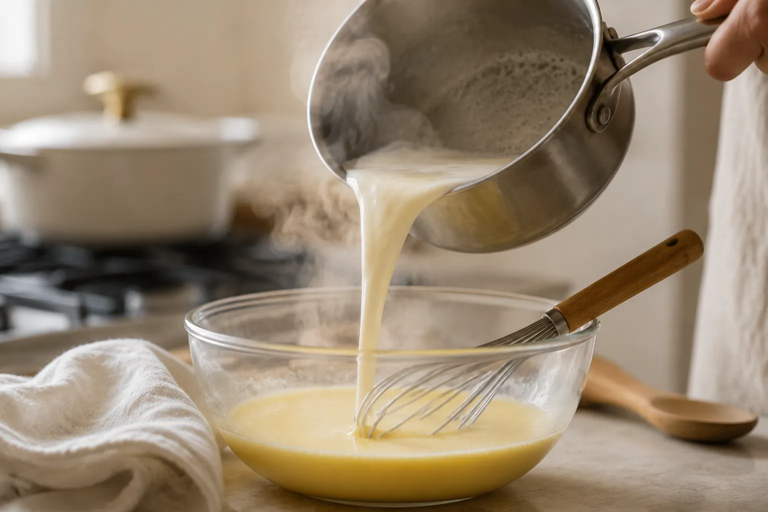 Tempering eggs with warm milk for silky custard