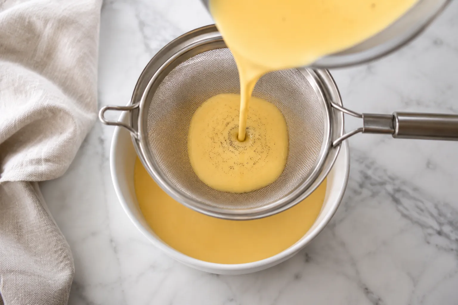Straining homemade vanilla custard through a fine mesh sieve