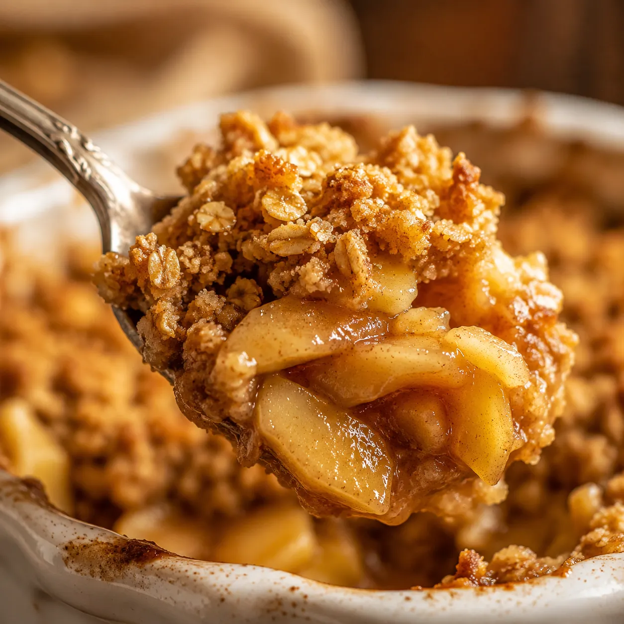 Close-up of crispy oat crumble topping over tender cinnamon apples on a spoon.