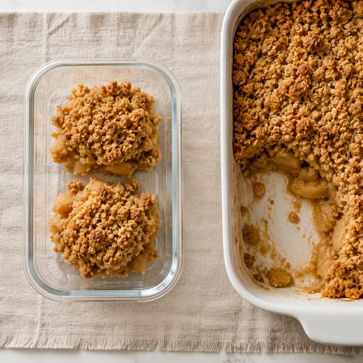 Storing leftover apple crumble with oats in a glass container for the fridge.