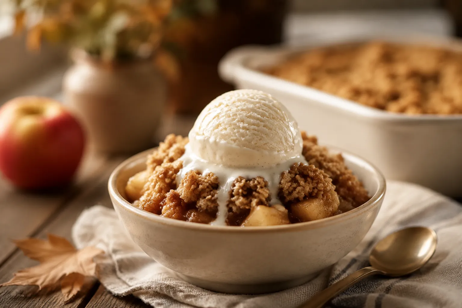 Apple crumble with oats served in a bowl with melting vanilla ice cream.