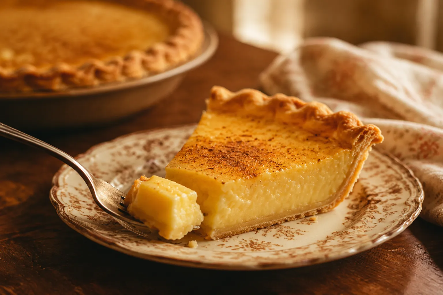 Slice of custard pie recipe with creamy vanilla filling and flaky crust