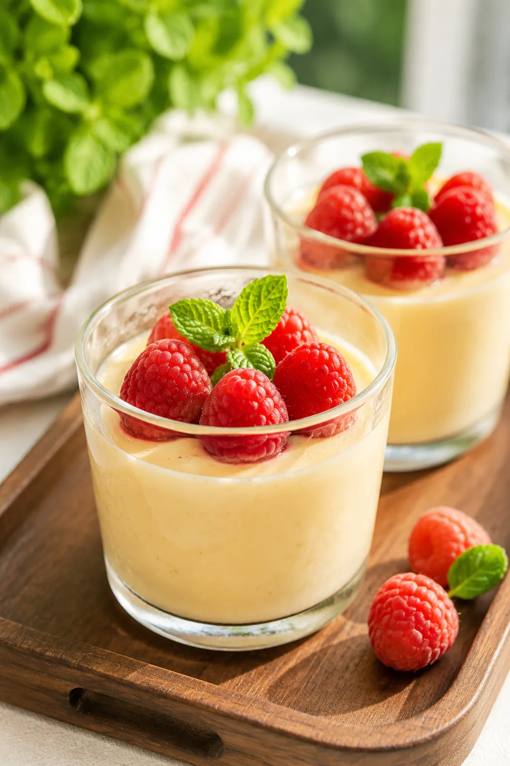 Chilled custard served in glass cups with fresh berries