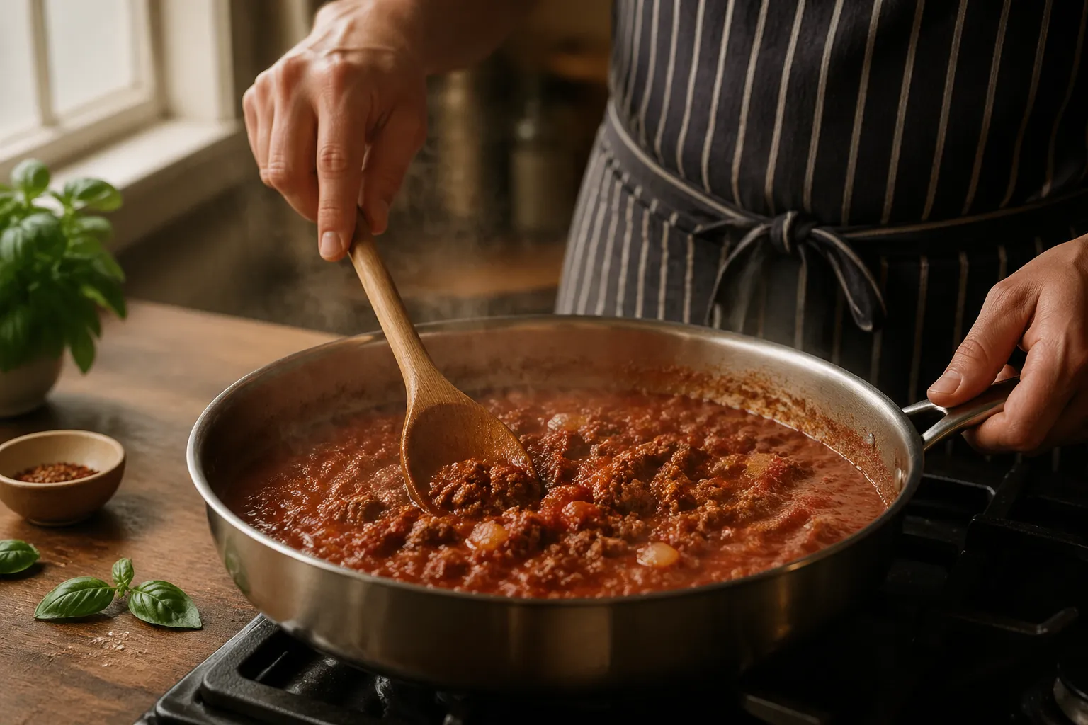 Stirring meat sauce in a skillet for an easy baked ziti recipe