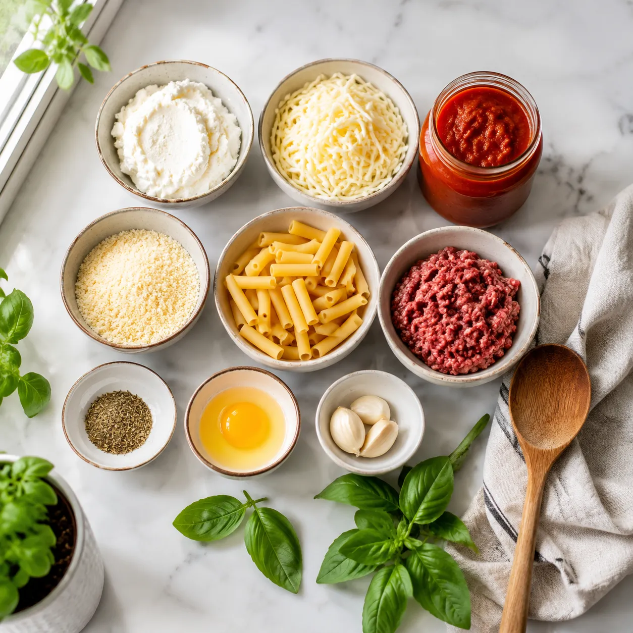 Ingredients for baked ziti with ricotta cheese including pasta, ricotta, mozzarella, and marinara