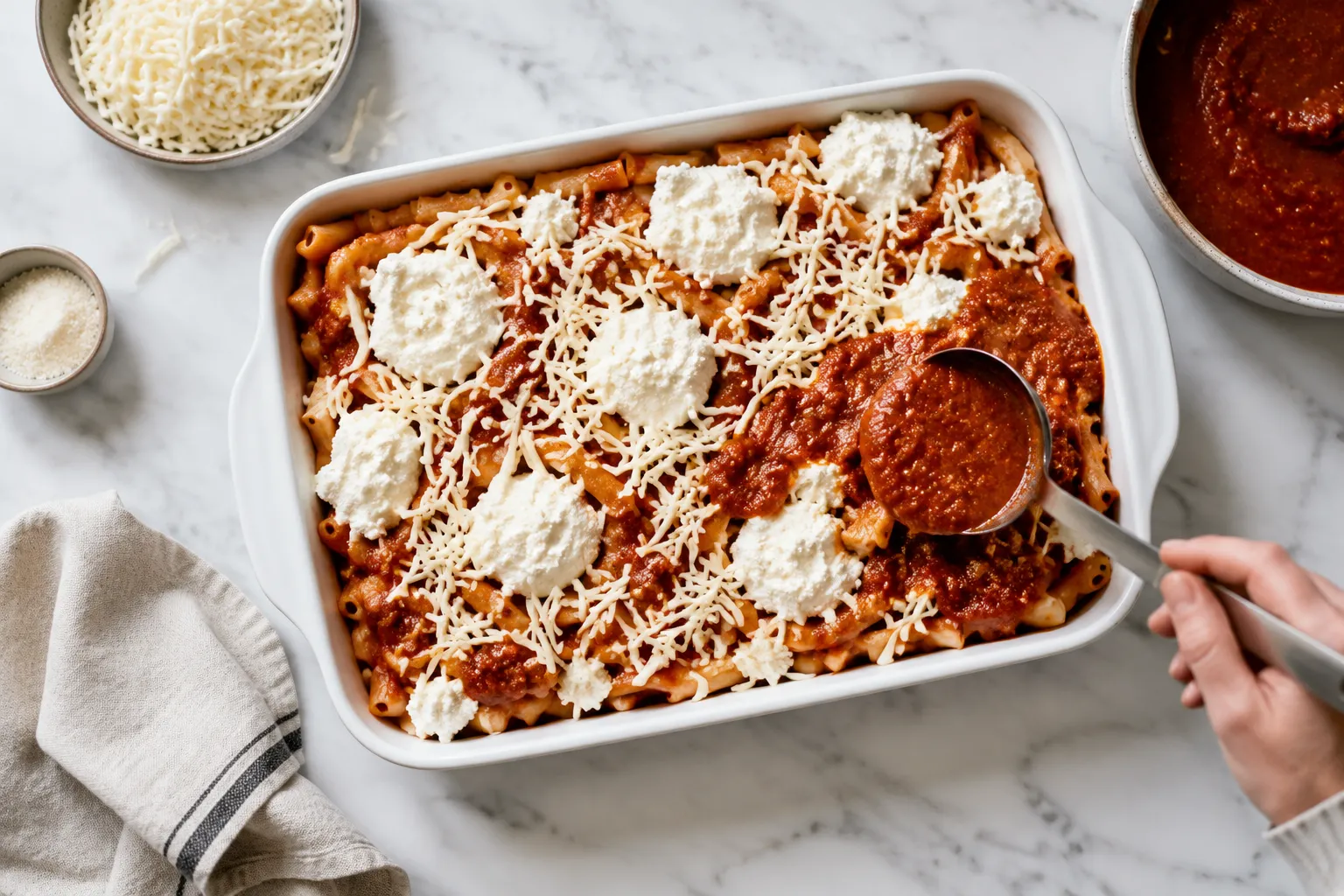 Layering baked ziti with ricotta cheese in a 9x13 baking dish