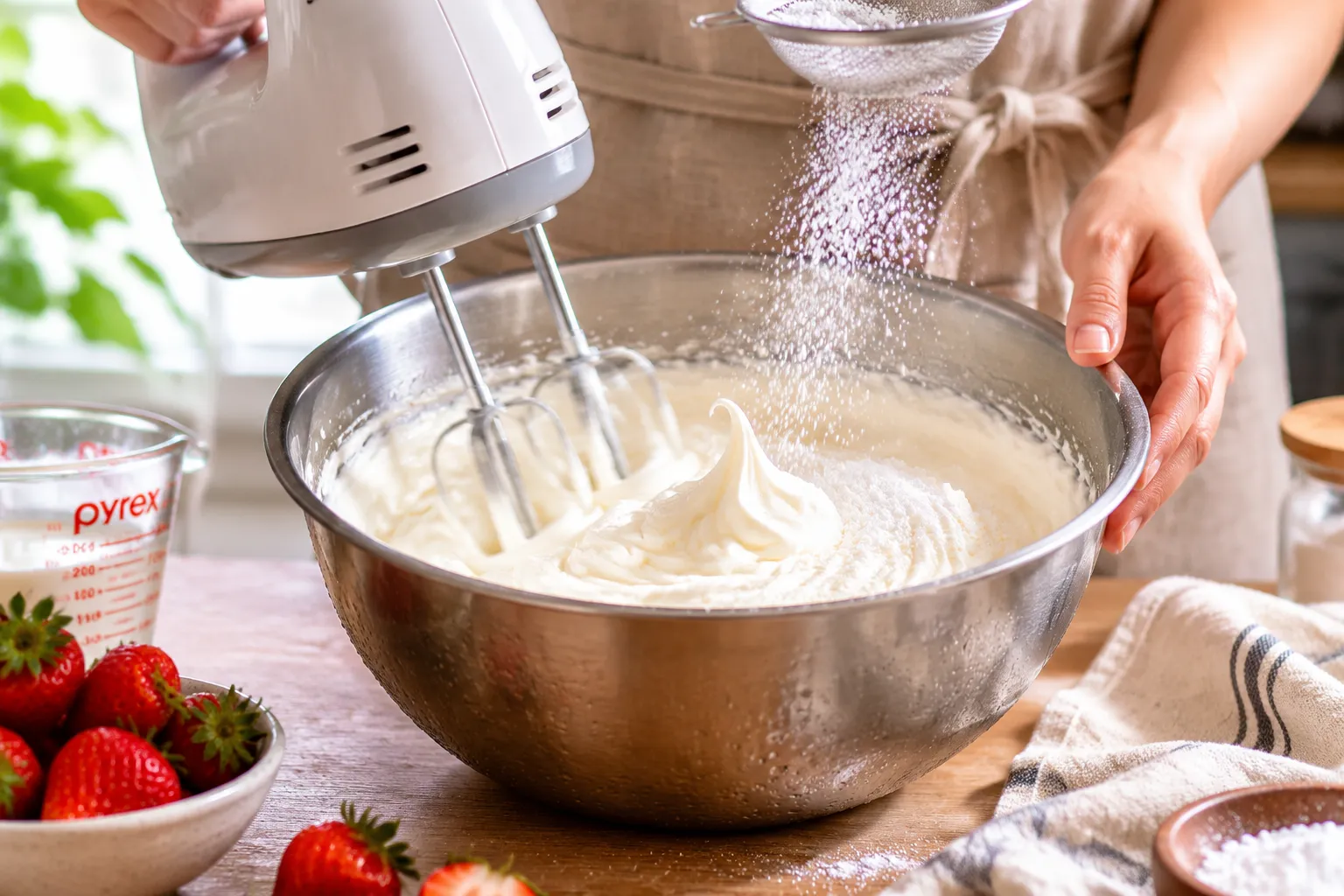 Whipping heavy cream to soft peaks for homemade ambrosia salad.