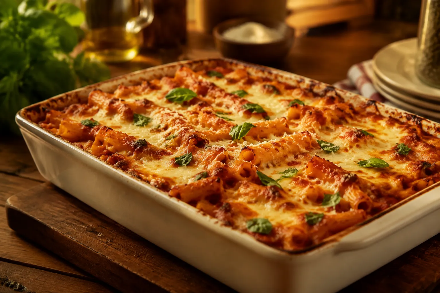 Finished baked ziti recipe with ricotta and bubbling melted mozzarella