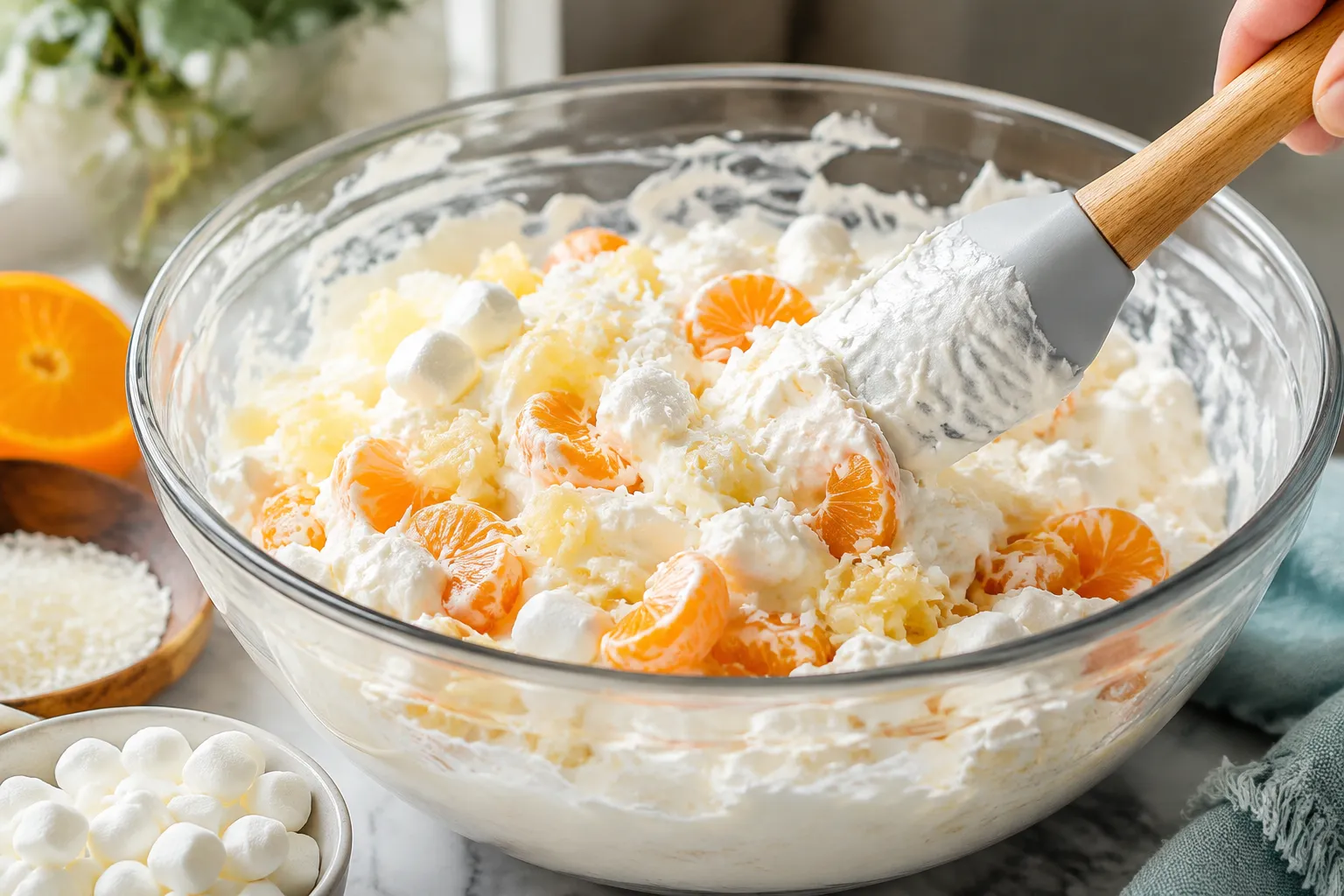 Folding fruit and marshmallows into whipped cream for ambrosia dessert.