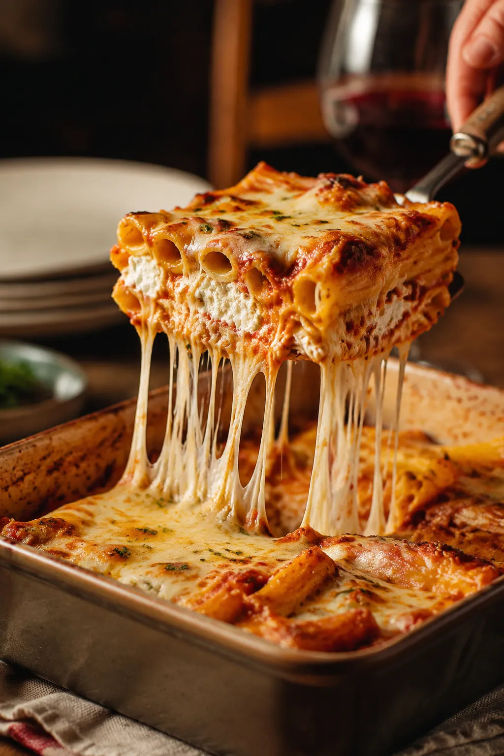 Serving a slice of baked ziti with ricotta with a cheese pull