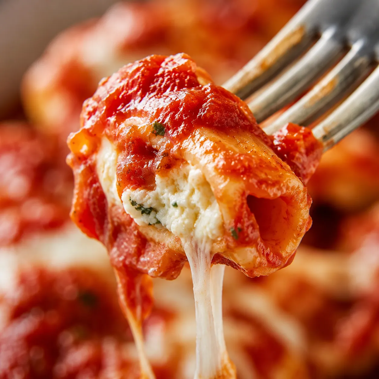 Close-up forkful of creamy baked ziti with ricotta cheese