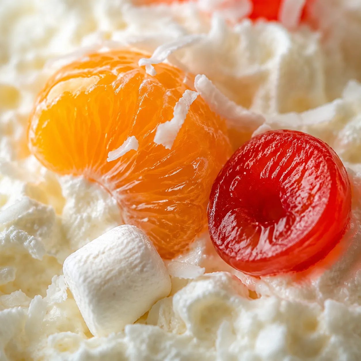 Close-up macro of ambrosia salad showing mandarin oranges, cherries, coconut, and marshmallows.